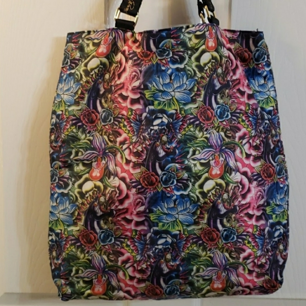 ED HARDY BY CHRISTIAN AUDIGIER FLORAL PANTHER TATOO PRINT TOTE BAG - Picture 3 of 13